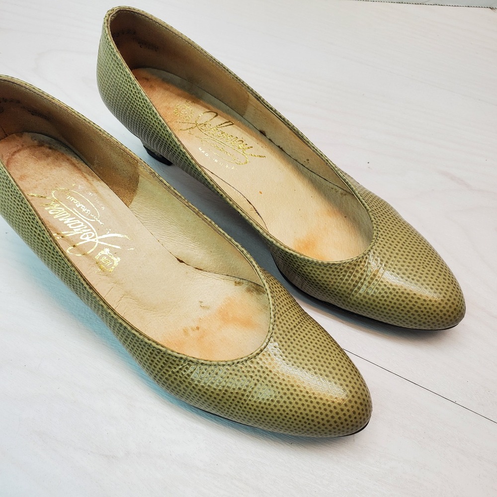 Johansen Vntg Lizard Embossed Leather Heels Olive Green Pointed Toe Pumps Size 5 - Picture 2 of 12